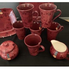 Colored Mugs CRANBERRY Design by LIVING ART (Set of 6) Plus Milk & Sugar